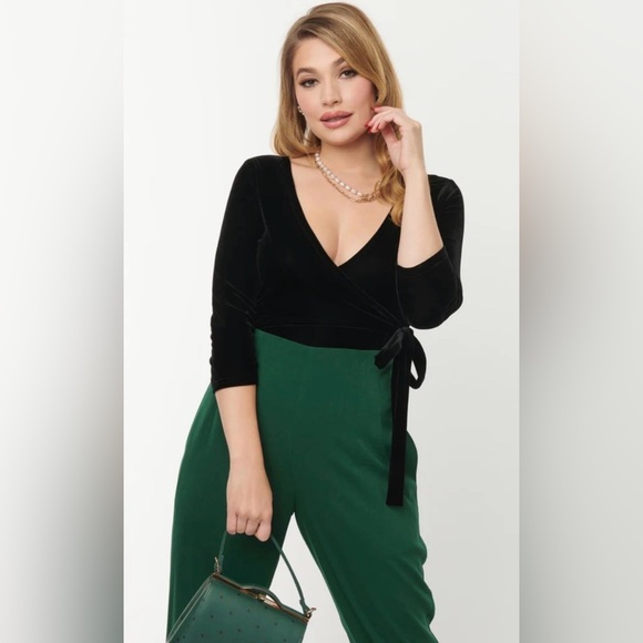 Unique Vintage Black Velvet Surplice Long Sleeve Bodysuit, Size 1x, NWT! - Picture 6 of 14